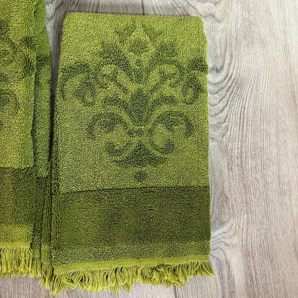Fieldcrest Imperial jacquard avocado 3 hand towels fringe Vintage 60s MCM